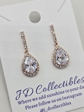 Swarovski Crystal Elements Rose Gold Teardrop Earrings 1 inch Prom Bridal Formal